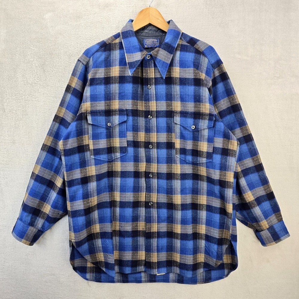 Vintage Pendleton Wool Plaid Button Up Shirt Mens 17 1/2  XL Blue USA *HOLES 70s